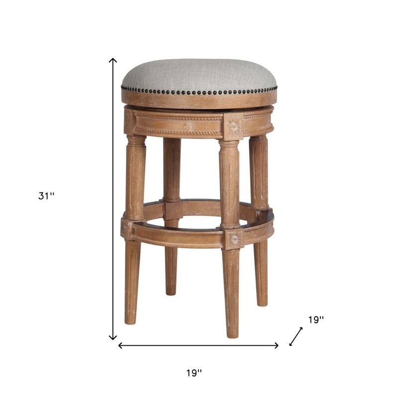 Linen Round Wood Swivel Stool with Nail Head Trim, Backless and Footrest