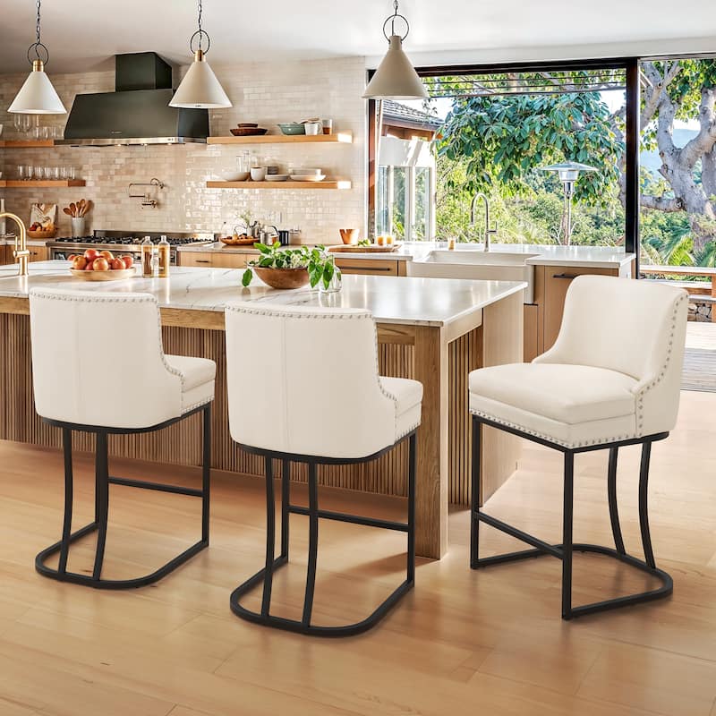 Modern 26" Barstool with Back Metal Frame Stool Counter Height Bar Stools and 6" Thick Cushion for Kitchen Island - Ivory/Faux Leather - Set of 3
