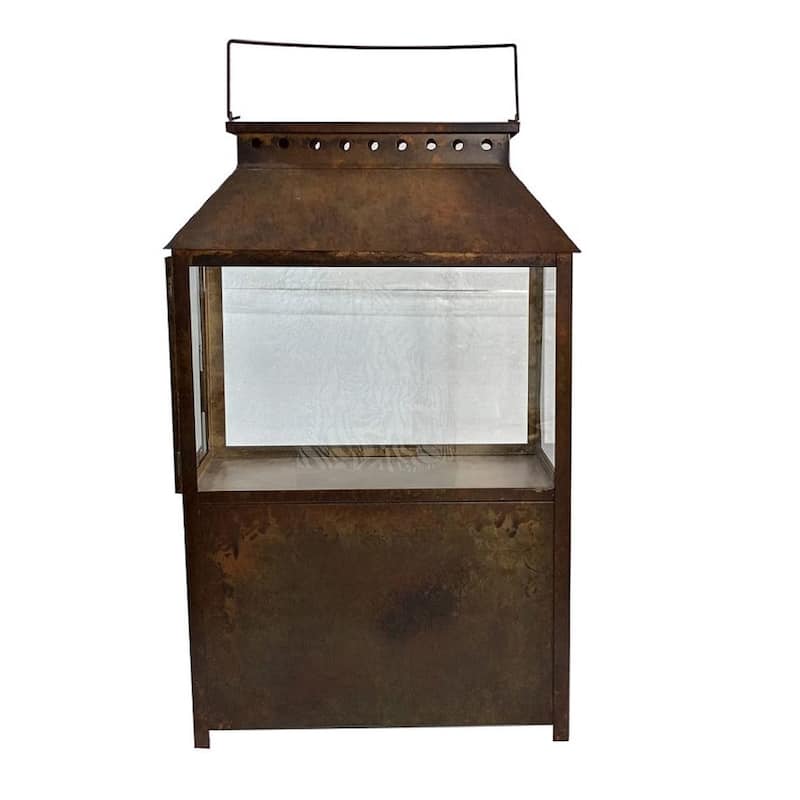 Iron & Glass Lantern Brown Patina Tempered Glass H 24.8" - BROWN PATINA - Medium