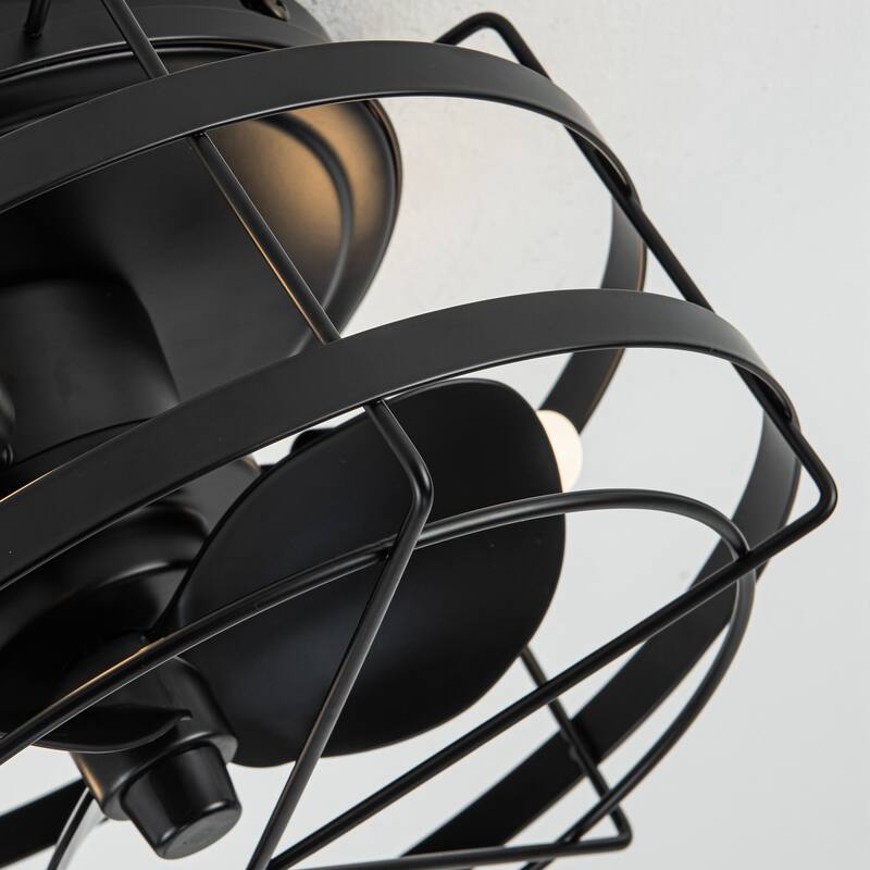 13-inch Matte Black Industrial Flush Mount Small Caged Fandelier Ceiling Fan with Remote and LED Light