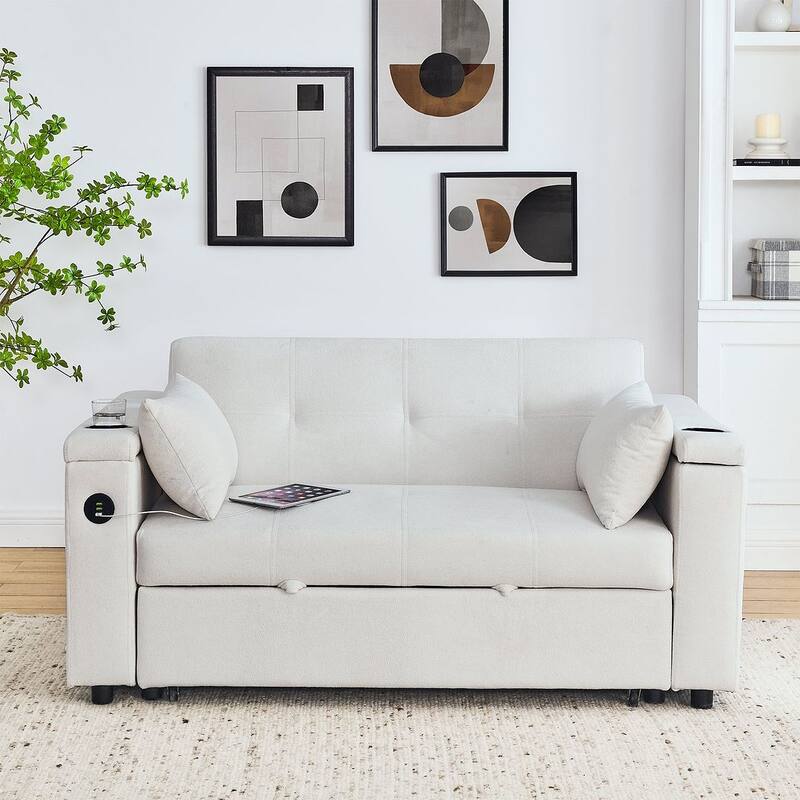 54" Multi-functional Chenille Sofa Bed with Cup Holder and USB Port for Living Room