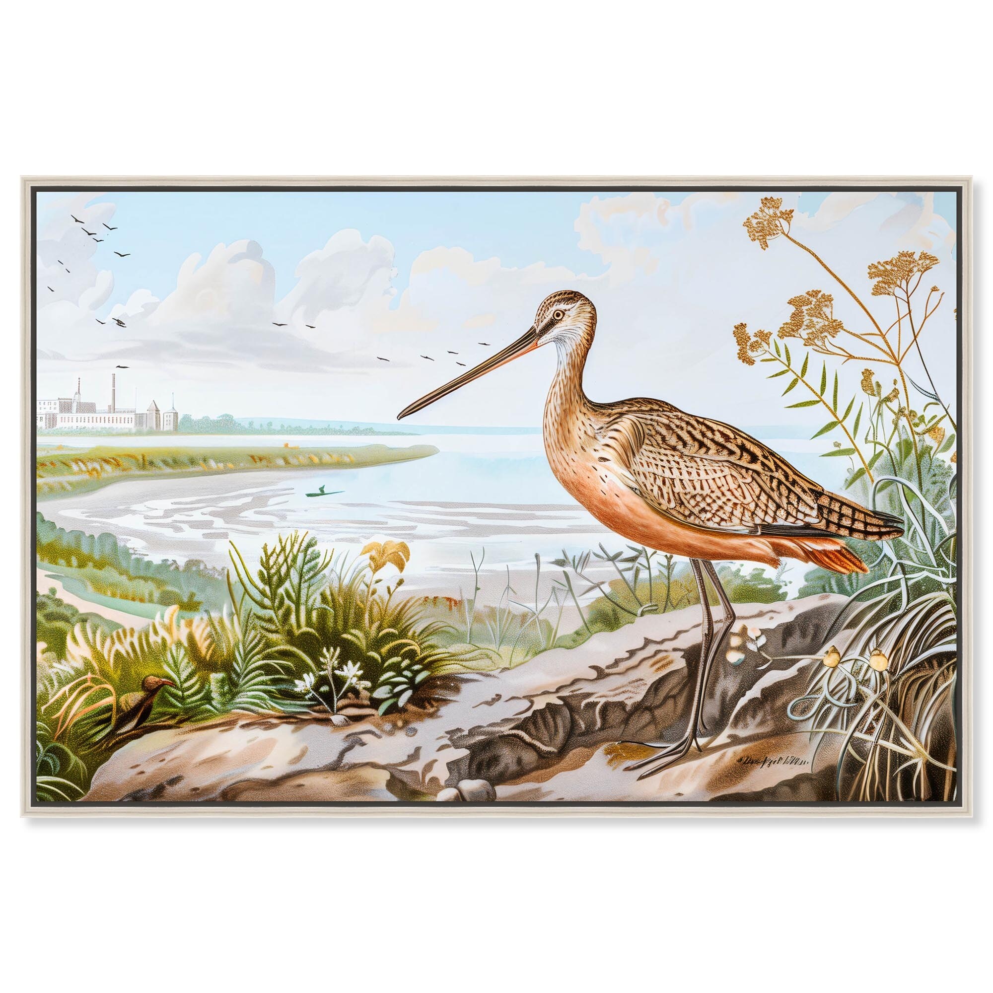 River Bank Bird Landscape Art Framed Canvas Print by Art Remedy