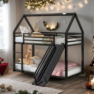 Twin over Twin House Bunk Bed with Convertible Ladder and Slide, Black ...