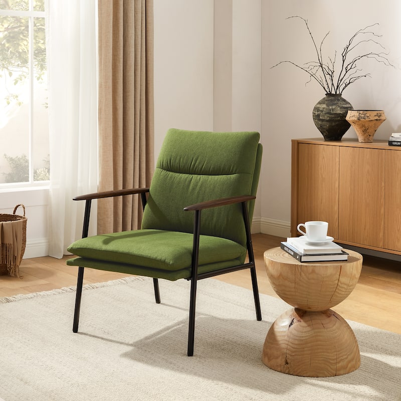 Minimalism Accent Side Chair with Metal Frame and Wooden Armrest - Green