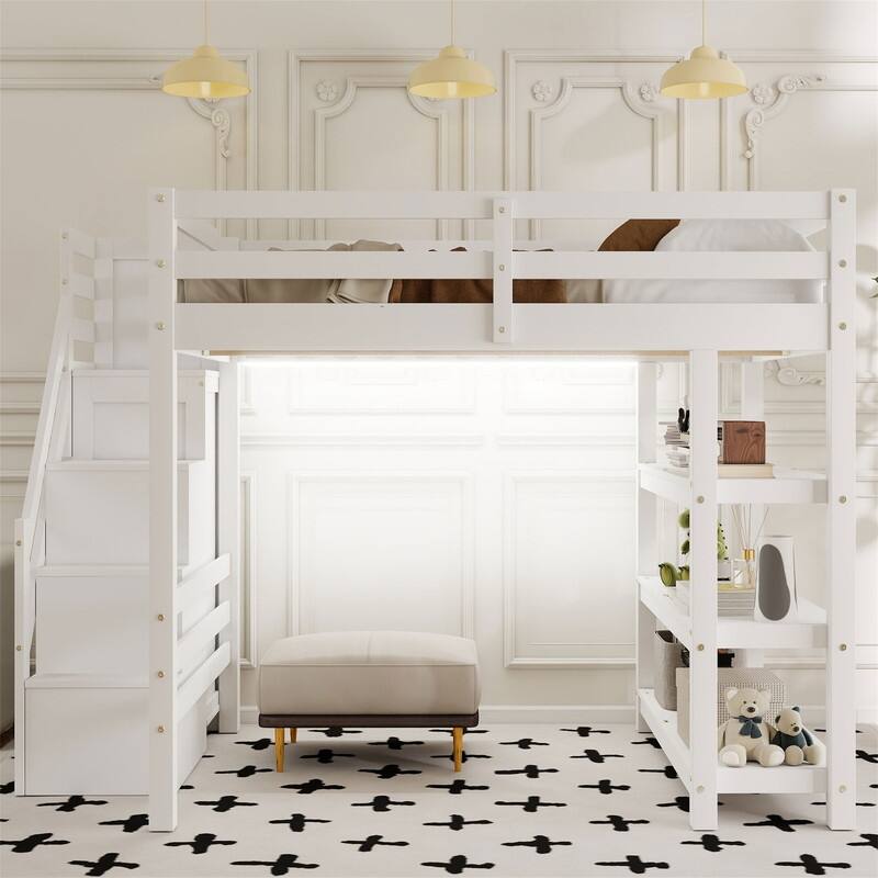Twin/Full Size Loft Bed with Small Wardrobe and Storage Staircase, Solid Wood Loft Bedframe with LED Light and Storage Shelves