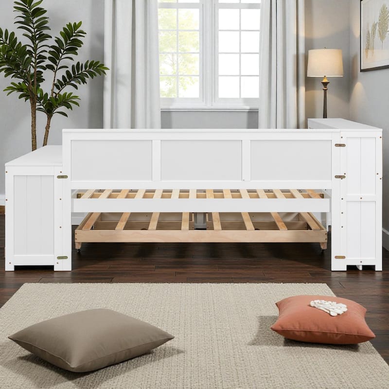 Full Size Daybed with Storage Shelves, Drawers, Trundle, Desk, Cabinet, LED Light and Charging Station, Pine Wood Frame