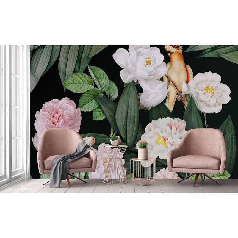 Exotic Flowers Night Garden Wallpaper Mural Tropical Bird