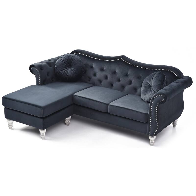 Hollywood 81 in. Velvet Chesterfield Sectional Sofa with 2-Throw Pillow - 81"L x 35"W x 34"H