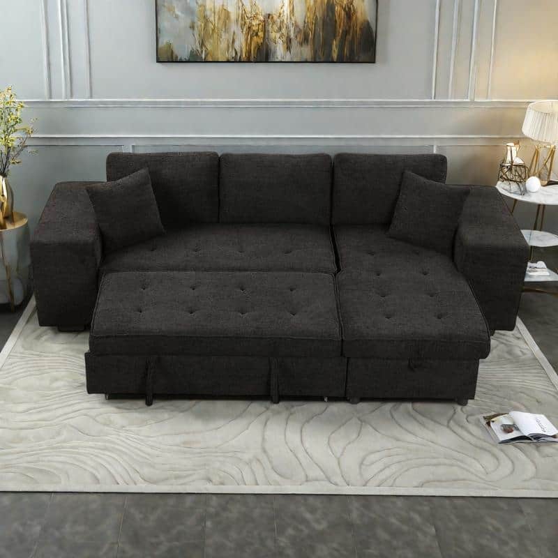 104.5" Chenille L-Shaped Sectional Sofa with Pull-Out Bed and Storage Chaise, 3-Seater - Charcoal grey