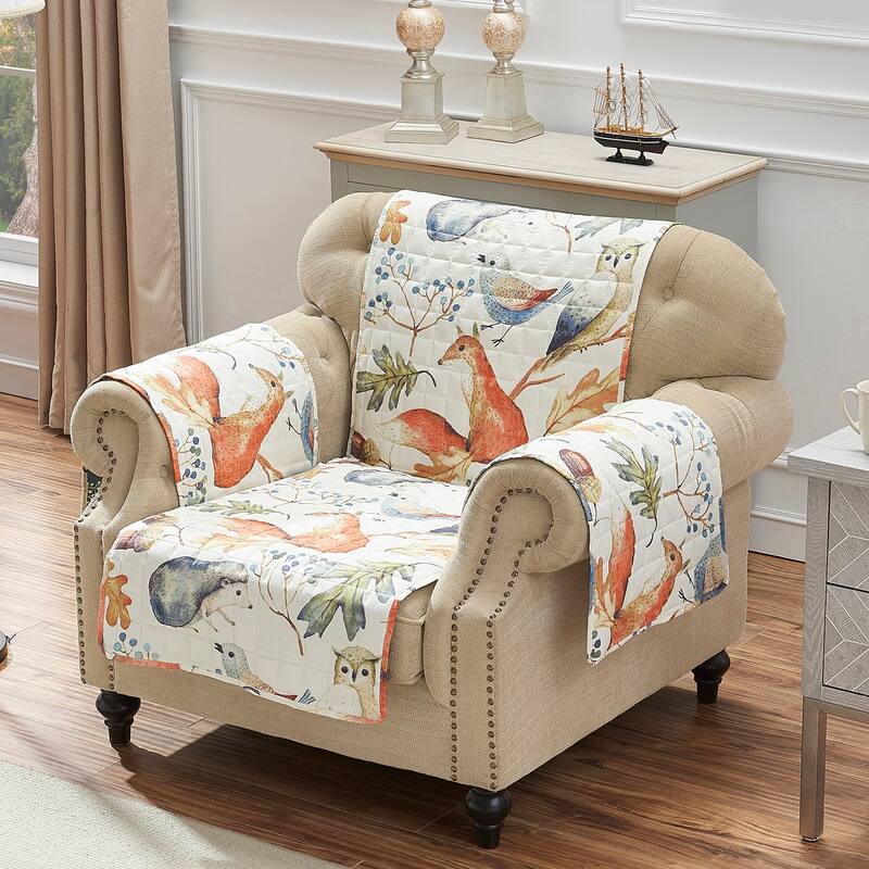 Porch & Den Morilon Forest Wildlife Reversible Arm Chair Protector - 81 x 81 inches - Natural