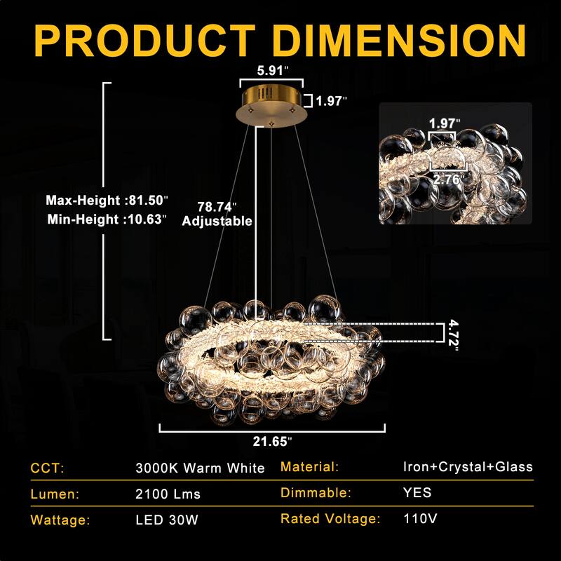 Crystal Bead LED Chandelier with Glass Globe, Adjustable