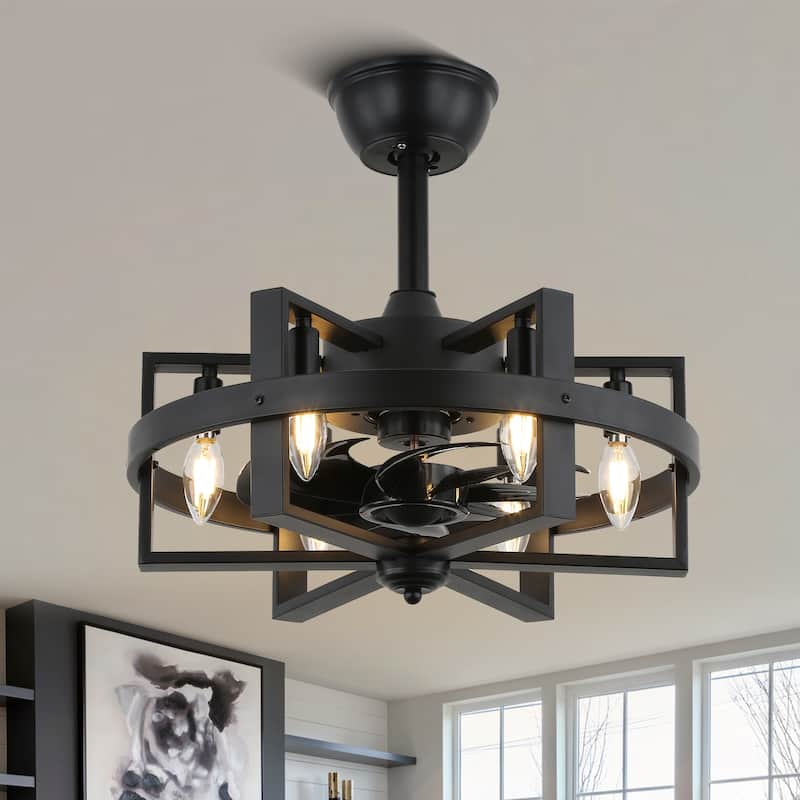 Bella Depot 18" Industrial Ceiling Fan with Light kit and Remote Control, 6-Speed Reversible with Matte Black Metal Caged