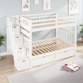 Full over Full Solid Wood Bunk Bed, Staircase, 6 Drawers & Shelves ...