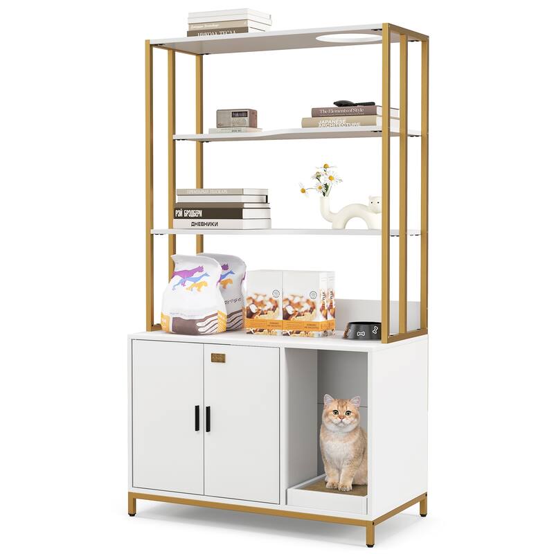 Cat Litter Box Cabinet with Storage Space & 3-Tier Shelves, Modern Design - 33.5" x 18" x 61"