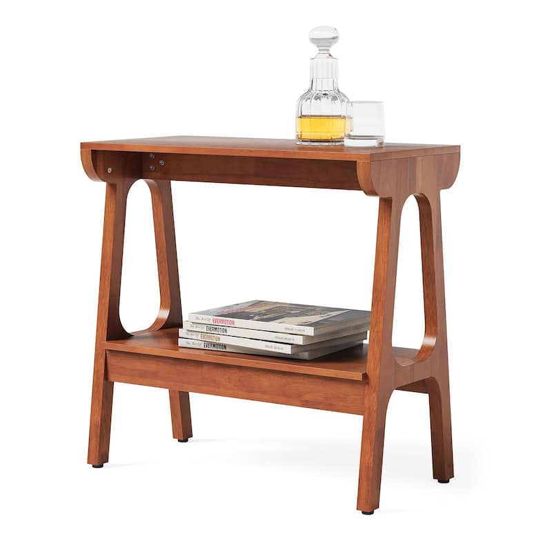 Solid Wood Narrow End Table with Storage Shelf, Sofa Couch Side Table Tall Nightstand, Living Room Bedroom Accent Snack Table