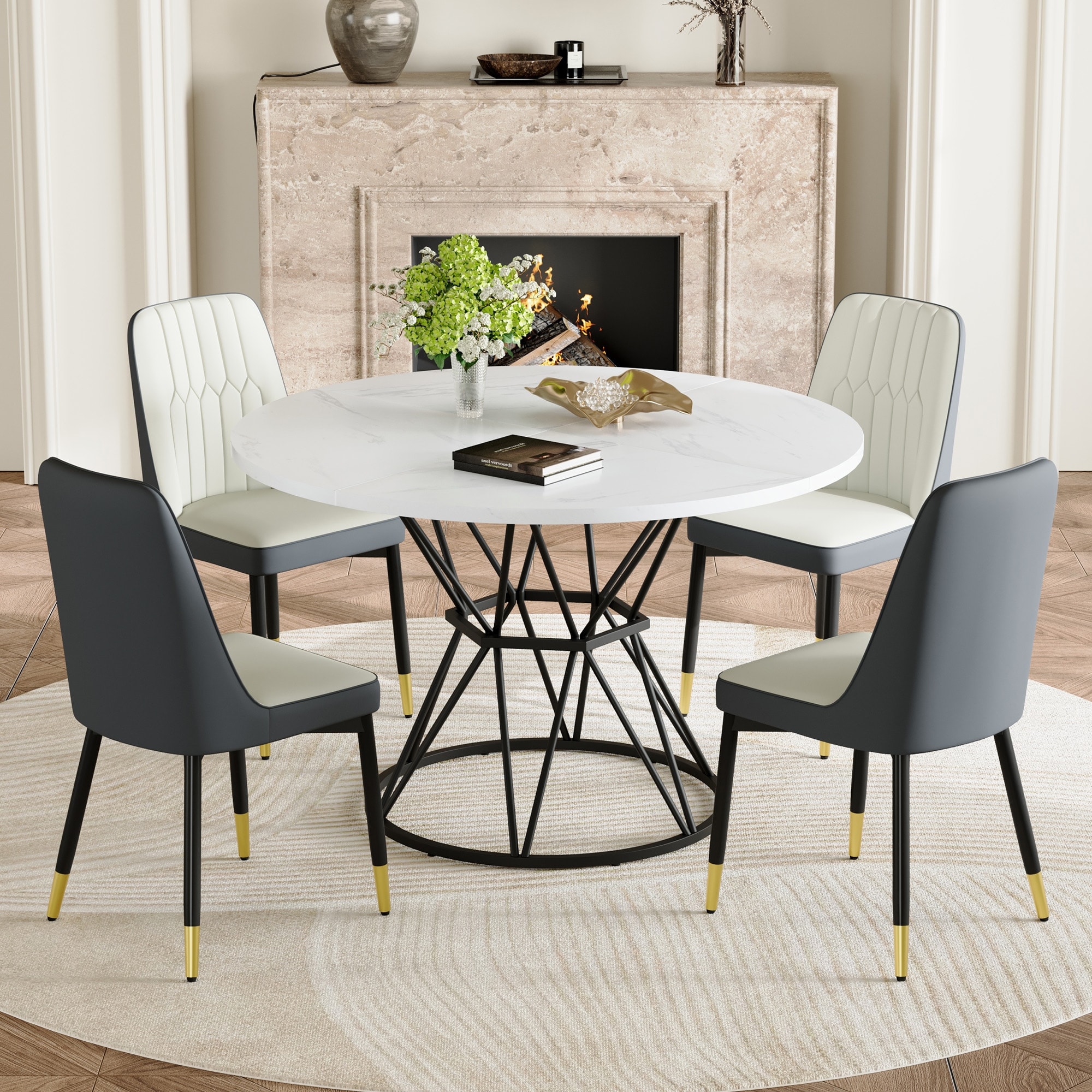 Dining Table Set with White Round Table & Leather Dining Chairs