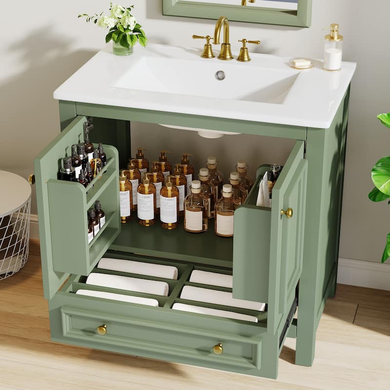 Bathroom Vanity with Sink, Solid Wood Frame Freestanding Vanity with Door Organizer and Drawer