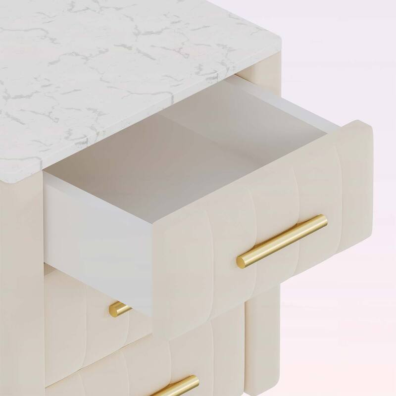 Stylish Design Upholstered Nightstand with 3 Drawers and Metal Legs & Handles