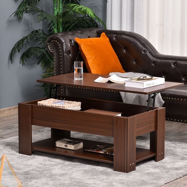Homcom Lift Top Coffee Table with Hidden Storage Compartment and Open Shelf Pop Up Coffee Table for Living Room Brown