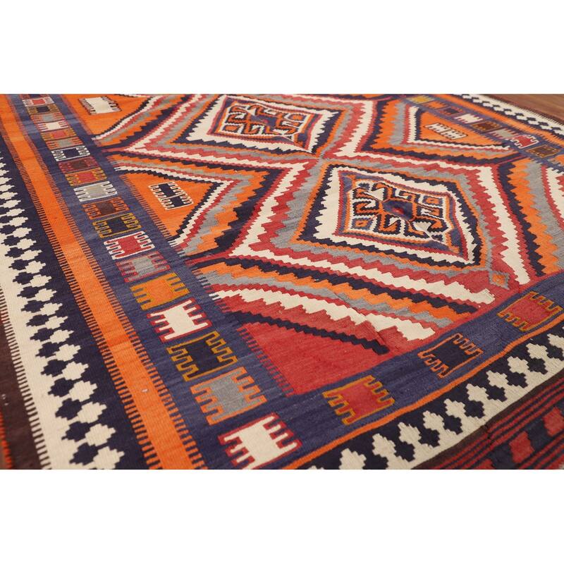 Orange Kilim Qashqai Persian Vintage Rug Hand-Woven Wool Carpet - 5'3"x 7'8"