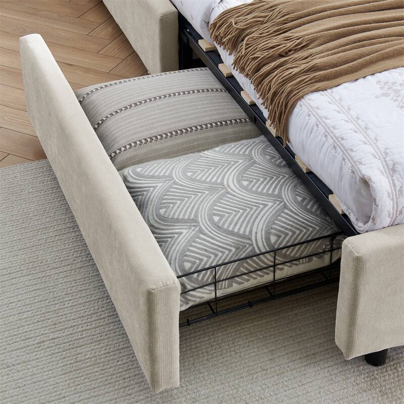 Queen Size Modern Upholstered Bed Frame with Headboard and Drawers