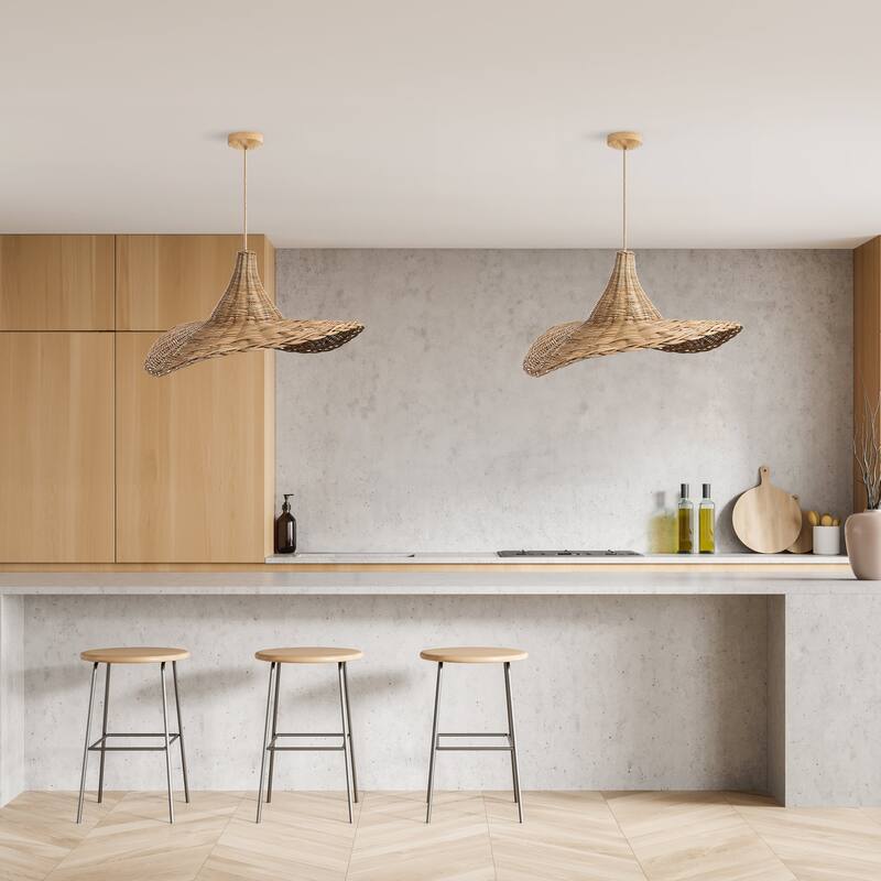 Zen Rattan Pendant Light Natural Medium Sculptural Handwoven Hanging Light For Modern, Transitional, Farmhouse, Boho Room Decor