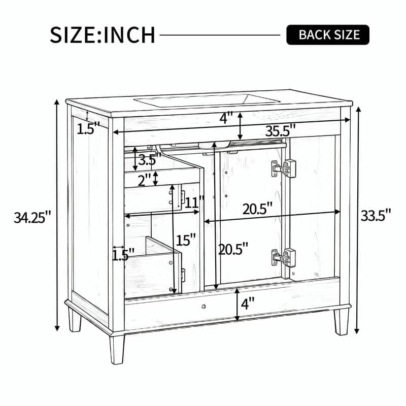 36 Inch Bathroom Vanity with Ceramic Sink, Modern Wood Grain Cabinet with Solid Rubberwood Legs, Soft-Close Doors & 4 Drawers
