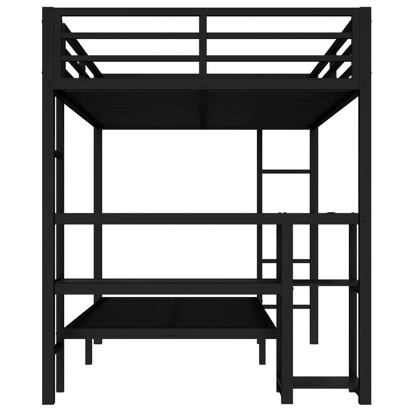 Full Over Twin Bunk Bed with Desk, Shelves, LED, and USB, Black