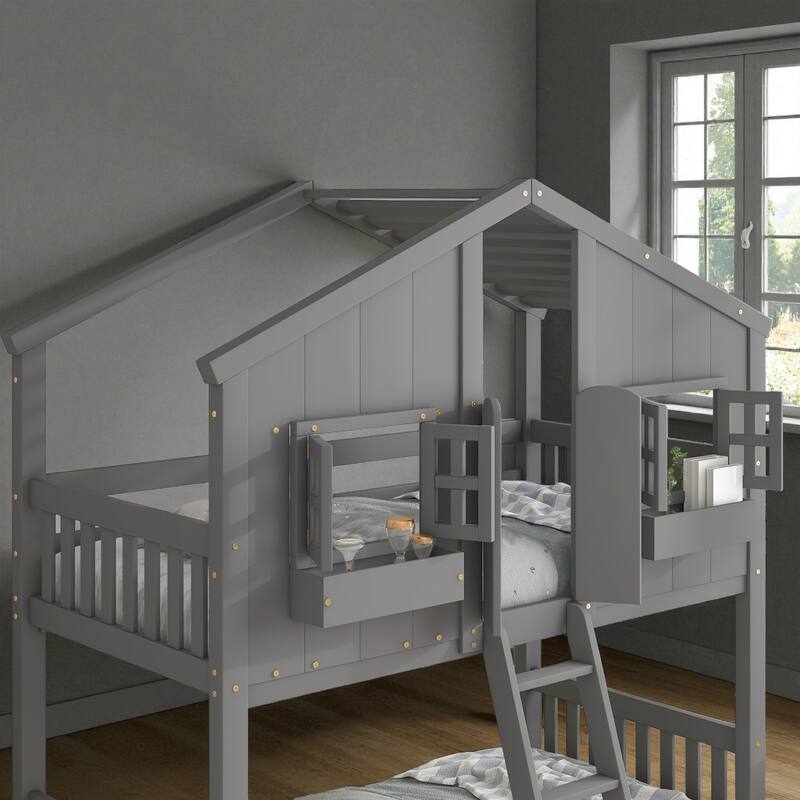 Twin Over Twin Wooden House Bunk Bed with Roof, Windows, Door, and Ladder, Kids Playhouse Bed with Guardrails