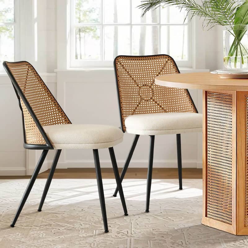Upholstered Dining Chairs With Faux Rattan Back(Set of 2) - Beige