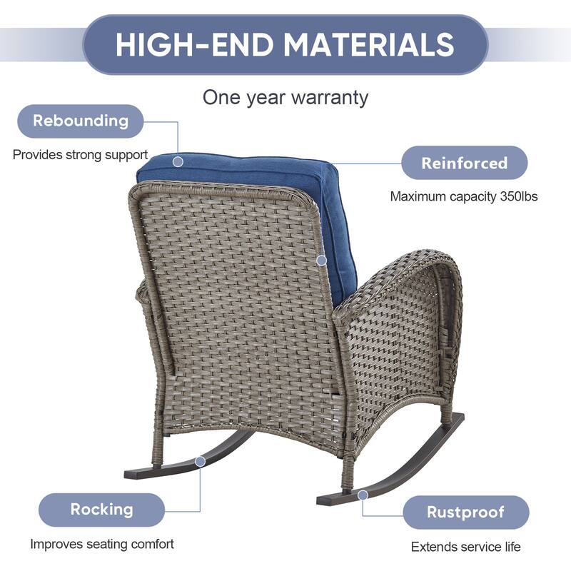 PlainCurve 3-Piece Wicker Outdoor Patio Conversation Set with Rocking Chairs and Olefin Cushions