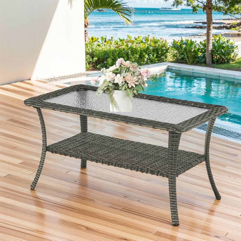 Stylish Outdoor Wicker Coffee Table with Glass Top - Coffee Table - Grey
