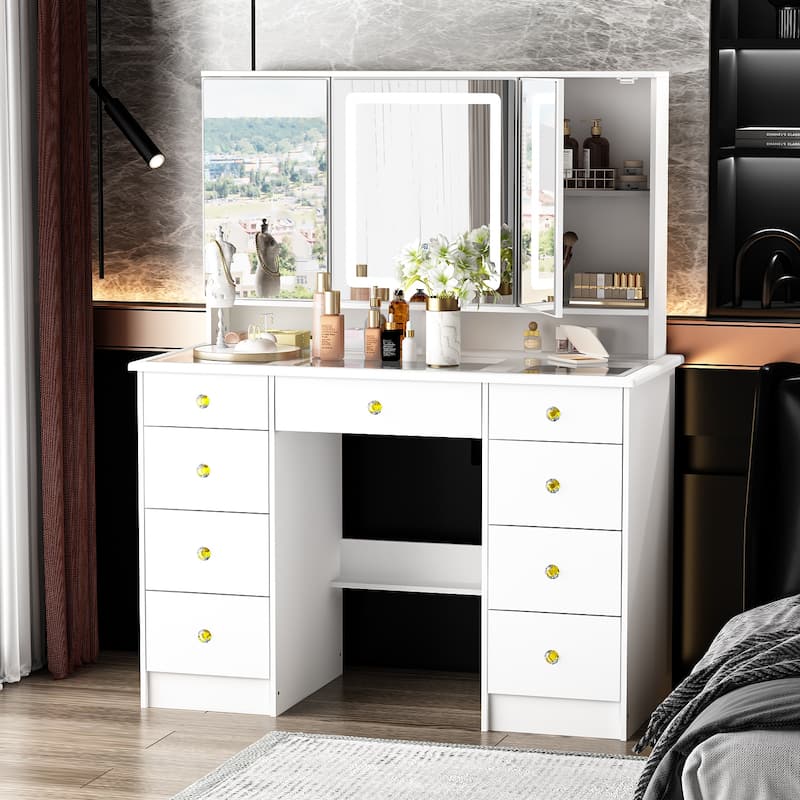 Extra Large Mirror Makeup Vanity Table with LED light,9 Drawers,White - 53.9"H