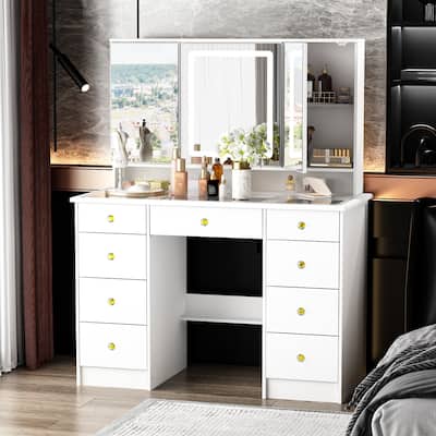 White Large Vanity Desk with Mirror & 3 colors LED Lights & 9 Drawers - 53.9"H