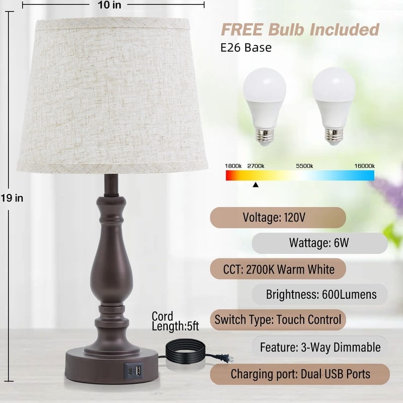 Lamps for Bedrooms Set of 2, Touch Bedside Table Lamp with USB Ports