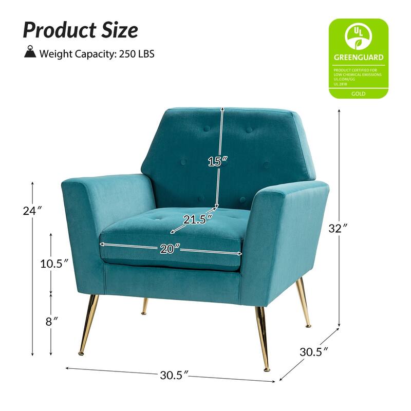 Lilia Contemporary Velvet Upholstered Tufted Back Armchair with Metal Golden legs Set of 2 by HULALA HOME