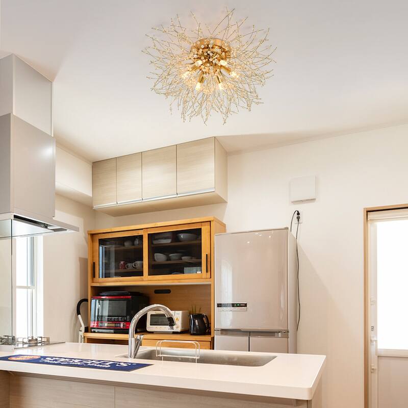 Crystal Flush Mount Ceiling Light, Modern Sputnik Firework Close to Ceiling Lamp - Golden + Crystal - 19.7