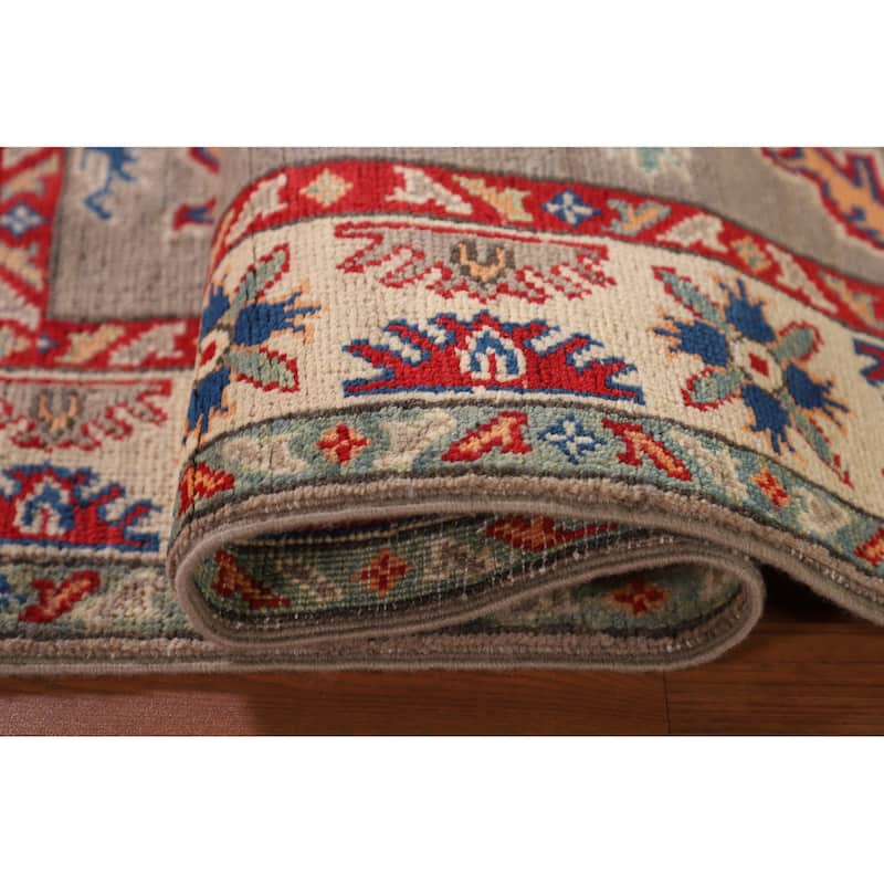 Geometric Grey Kazak Accent Rug Hand-Knotted Wool Carpet - 3'8"x 4'11"
