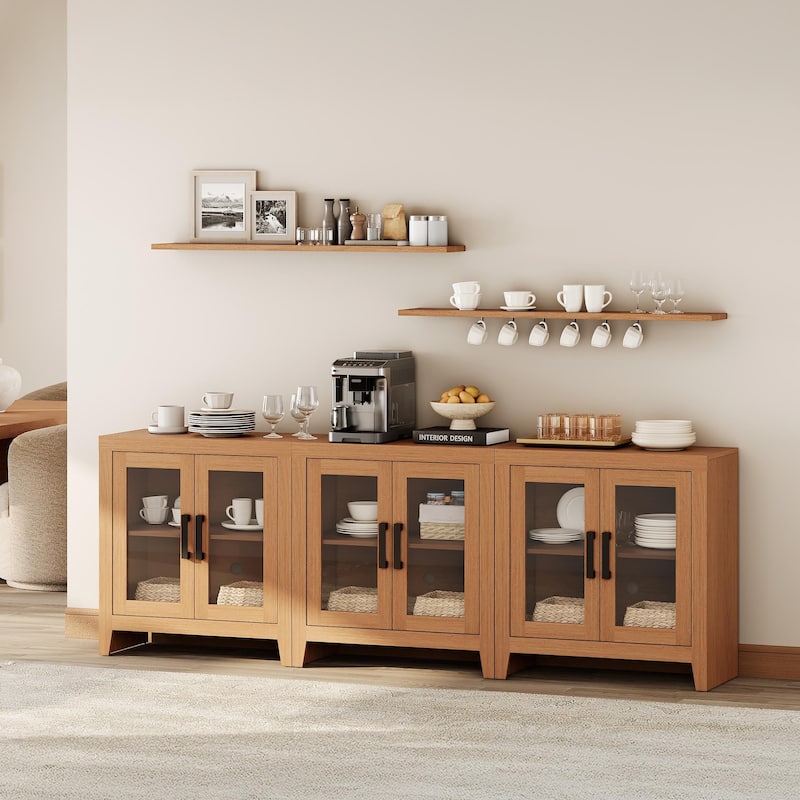 WAMPAT Modern Farmhouse TV Stand, Entertainment Center with Tempered Glass Doors & Adjustable Shelves