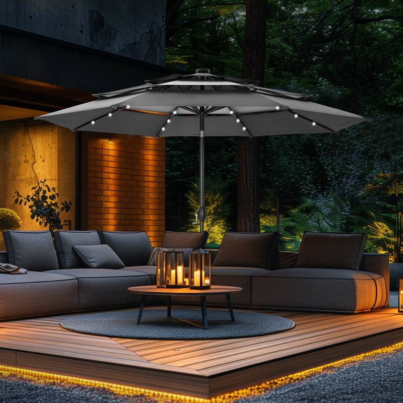 MAISON ARTS 10ft 3 Tier Auto-tilt Patio Umbrella Outdoor Double Vented Umbrella with LED Lights - Grey-Lights