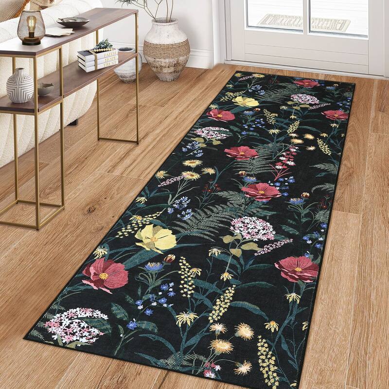 Modern Living Room Rugs Floral Rustic Area Rug Soft Foldable Accent Rug Low Pile Non-Slip Rug for Dining Room Office
