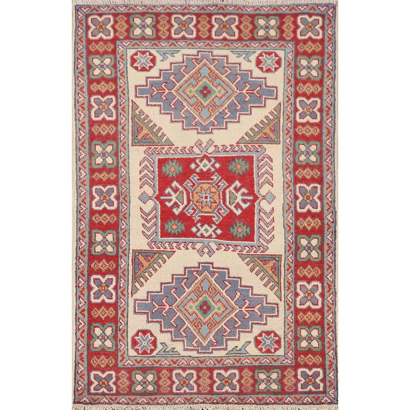 Ivory Geometric Kazak Accent Rug Hand-Knotted Wool Carpet - 2'7" x 4'3"