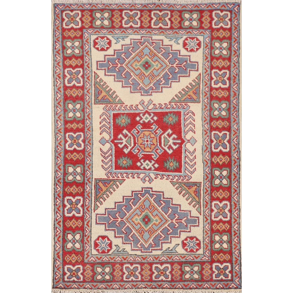 Ivory Geometric Kazak Accent Rug Hand-Knotted Wool Carpet - 2'7" x 4'3"