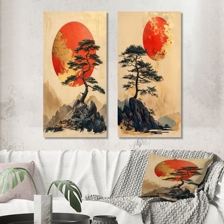 Designart - Gold Orange Japan Bonsai Sunset I - Japan Wall Art Set