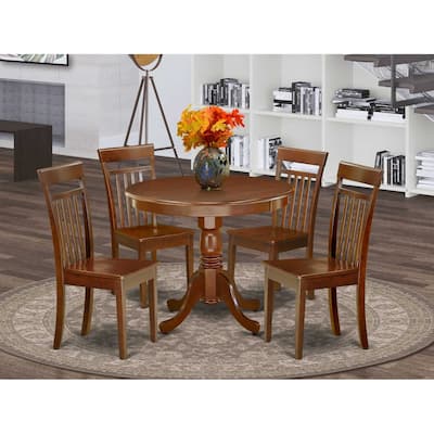 HomeStock 5-Piece Round Mahogany Finish Solid Wood Top Dining table with 4-Chairs with Lattice Back