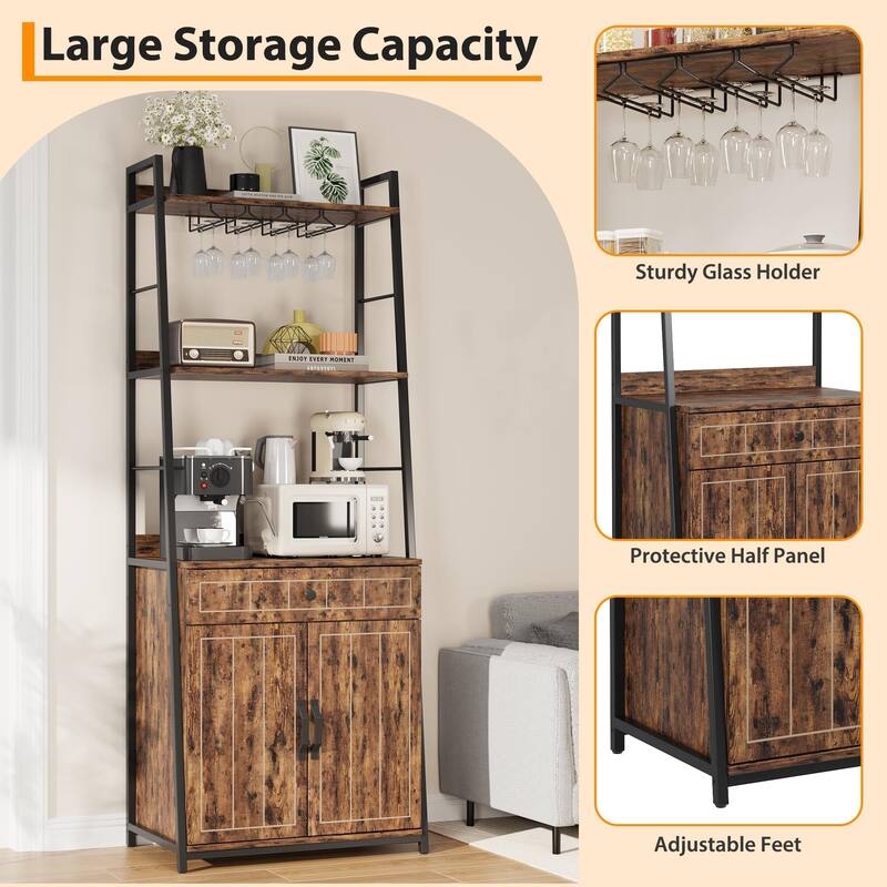 3 Tiers Bakers Racks for Kitchens, Wood+Metal Freestanding Bakers Rack with Cabinet