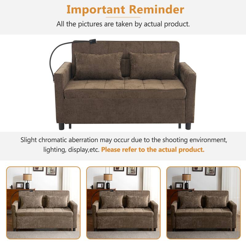 Roomfitters Loveseat Pull-Out Sofa Bed with Reversible Backrest Cushion, Side Pockets, USB Ports, and Phone Holder