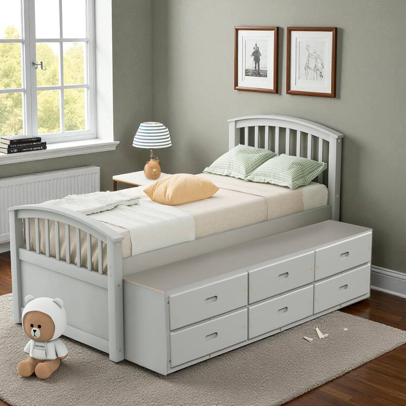 Twin Size Solid Wood Platform Bed with 6 Storage Drawers, Pine Wood Frame with Slats, No Box Spring Needed