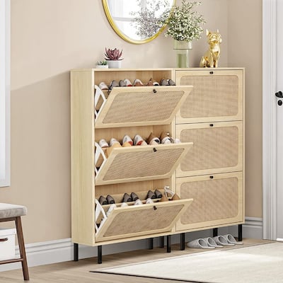 Boho Shoe Cabinet with 3 Rattan Flip Drawers, Free Standing Wood Entryway Shoe Rack, Hallway Shoe Organizer