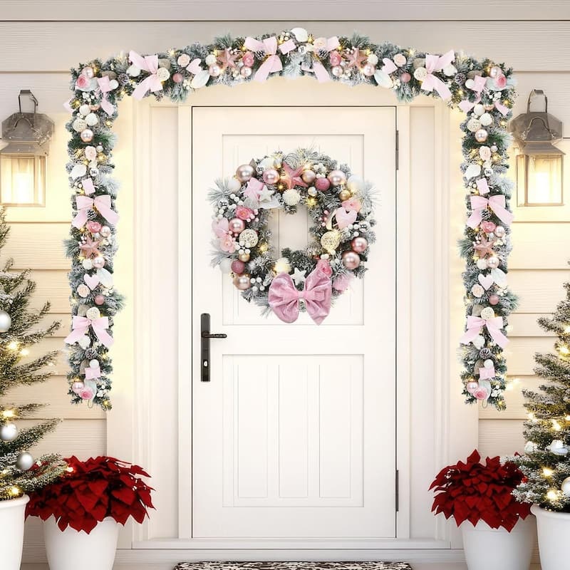 24 Inch Christmas Wreath with Pink Bow for Front Door, Window, Wall - N/A
